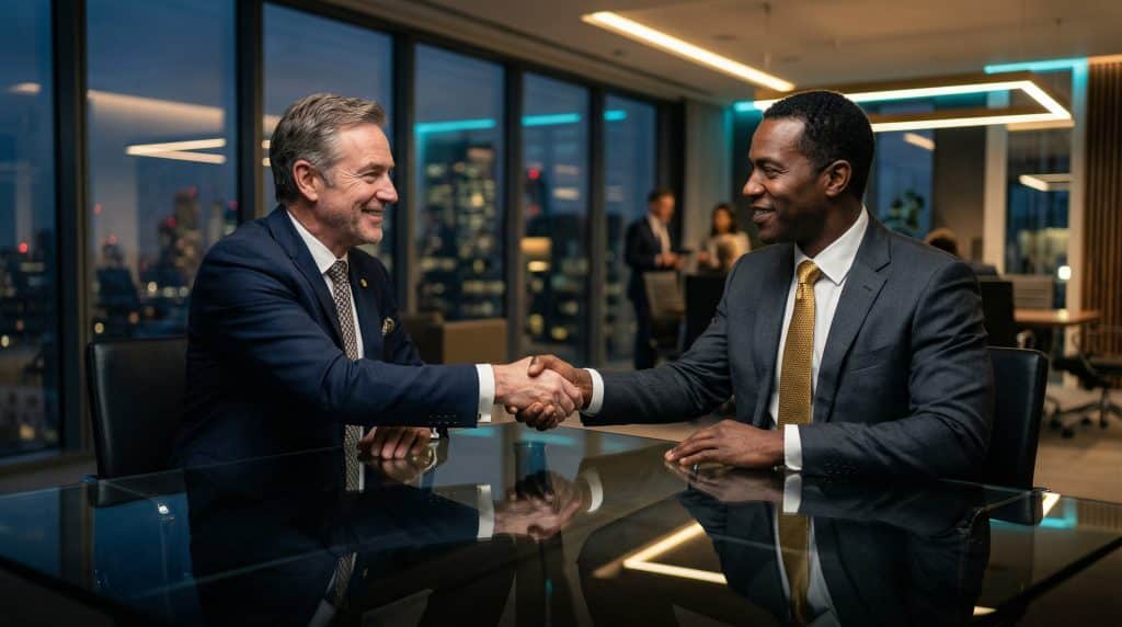 Two professional executives shaking hands across a modern boardroom table, finalizing a secure Microsoft GCC High and CMMC cybersecurity partnership with Brea Networks in Laguna Hills, CA.