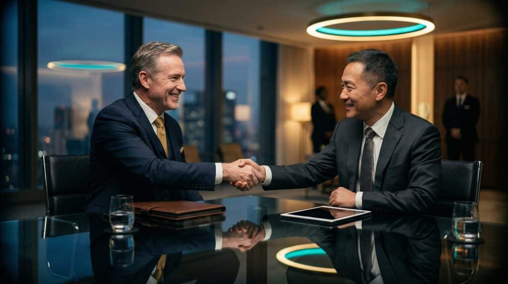 Two professional executives shaking hands across a modern boardroom table, finalizing a secure Microsoft GCC High and CMMC cybersecurity partnership with Brea Networks in Lake Forest, CA.