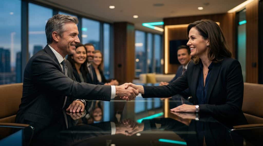 Two professional executives shaking hands across a modern boardroom table, finalizing a secure Microsoft GCC High and CMMC cybersecurity partnership with Brea Networks in Las Vegas, NV.