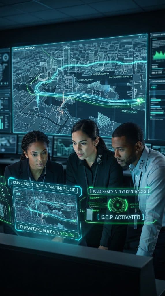 Expert Baltimore, MD GCC High consultant team in a high-tech SOC bunker with holographic DoD network maps of Northern Virginia.