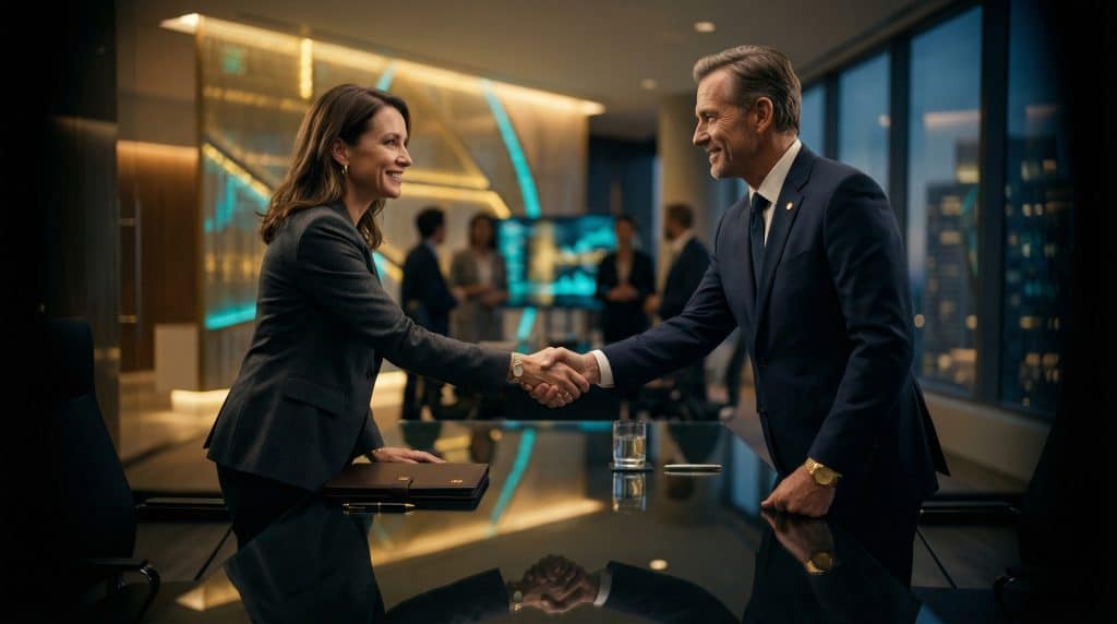 Two professional executives shaking hands across a modern boardroom table, finalizing a secure Microsoft GCC High and CMMC cybersecurity partnership with Brea Networks in Pierre, ND.