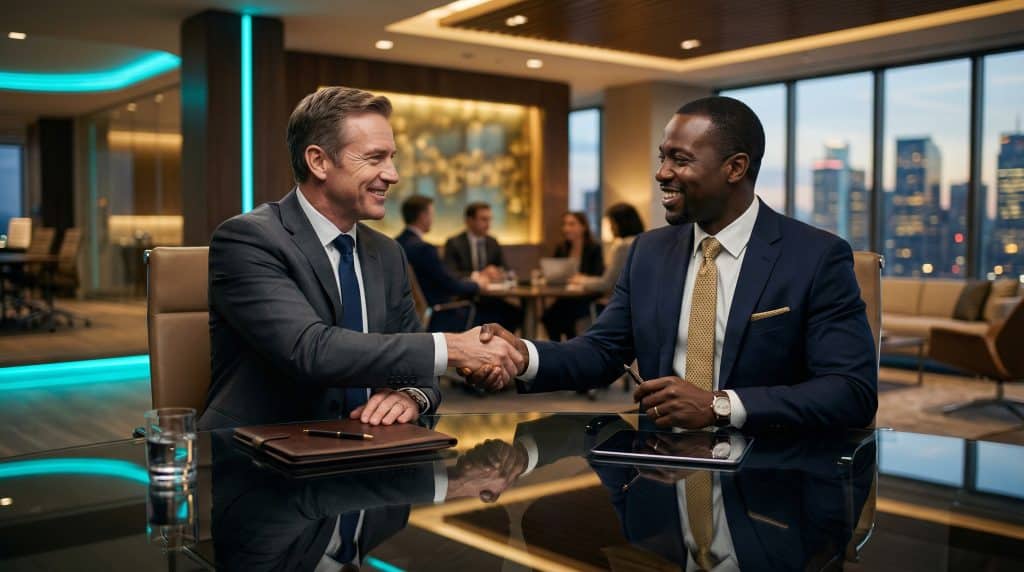 Two professional executives shaking hands across a modern boardroom table, finalizing a secure Microsoft GCC High and CMMC cybersecurity partnership with Brea Networks in Long Beach, CA.