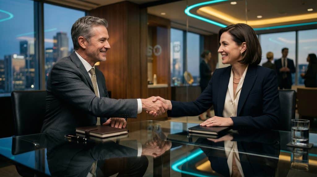 Two professional executives shaking hands across a modern boardroom table, finalizing a secure Microsoft GCC High and CMMC cybersecurity partnership with Brea Networks in Los Alamitos, CA.
