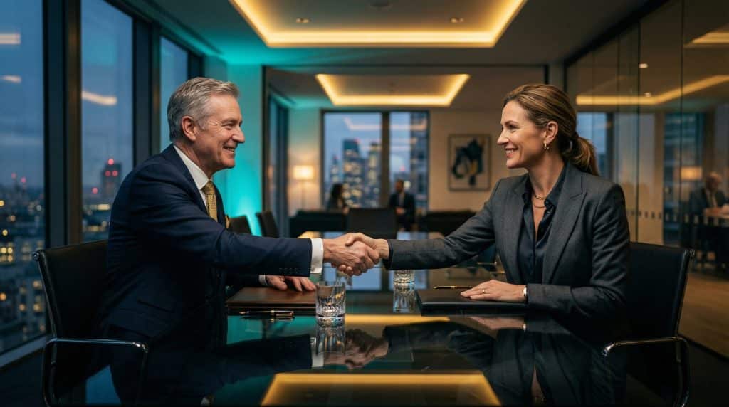 Two professional executives shaking hands across a modern boardroom table, finalizing a secure Microsoft GCC High and CMMC cybersecurity partnership with Brea Networks in Los Angeles, CA.