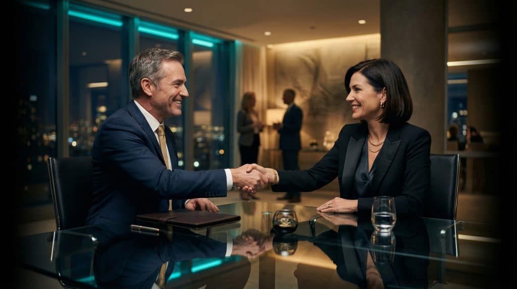 Two professional executives shaking hands across a modern boardroom table, finalizing a secure Microsoft GCC High and CMMC cybersecurity partnership with Brea Networks in Marina del Rey, CA.