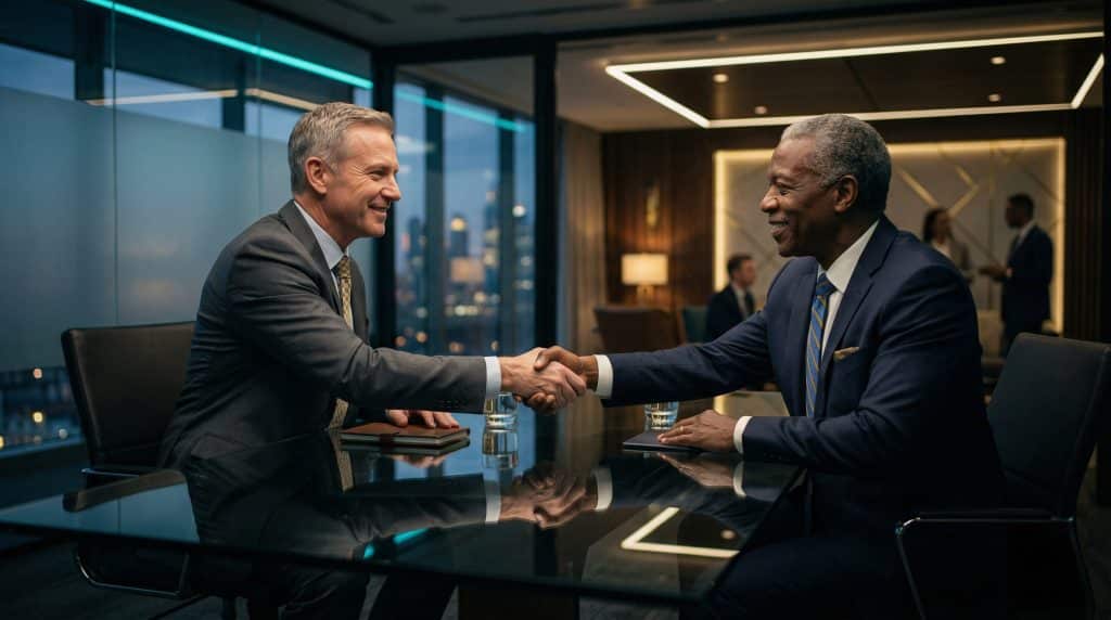 Two professional executives shaking hands across a modern boardroom table, finalizing a secure Microsoft GCC High and CMMC cybersecurity partnership with Brea Networks in Minot, ND.