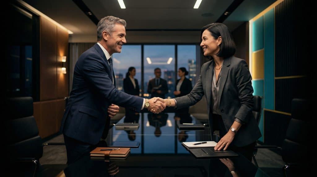 Two professional executives shaking hands across a modern boardroom table, finalizing a secure Microsoft GCC High and CMMC cybersecurity partnership with Brea Networks in Mission Viejo, CA.
