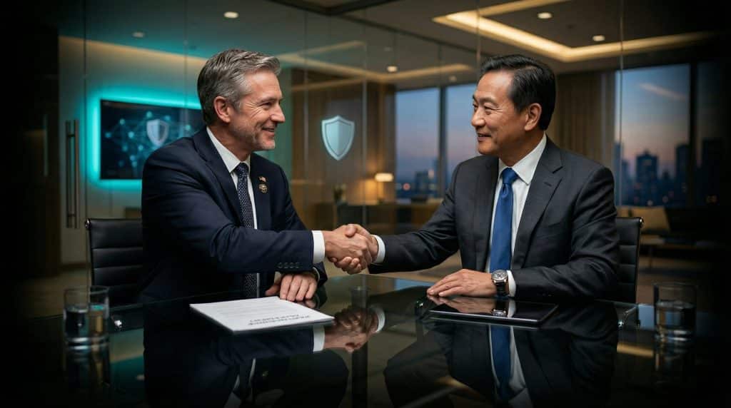 Two professional executives shaking hands across a modern boardroom table, finalizing a secure Microsoft GCC High and CMMC cybersecurity partnership with Brea Networks in New Port Beach, CA.