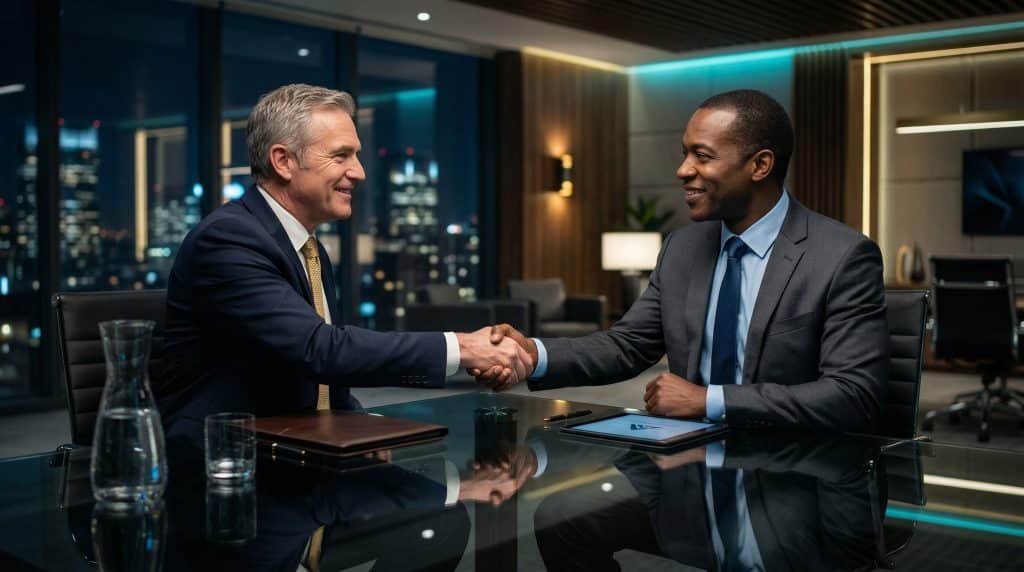 Two professional executives shaking hands across a modern boardroom table, finalizing a secure Microsoft GCC High and CMMC cybersecurity partnership with Brea Networks in Oakland, CA.
