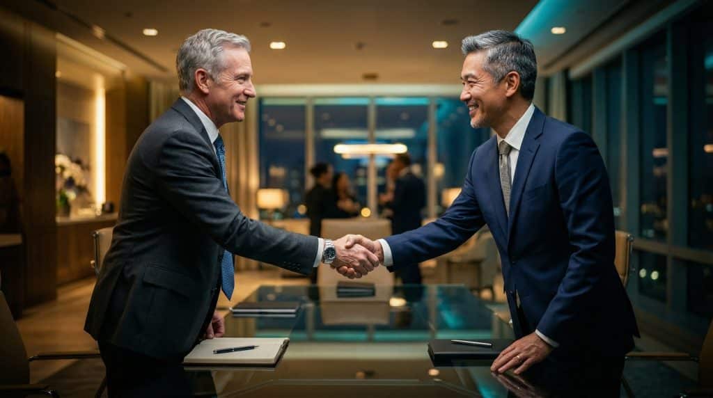 Two professional executives shaking hands across a modern boardroom table, finalizing a secure Microsoft GCC High and CMMC cybersecurity partnership with Brea Networks in Ogden, UT.