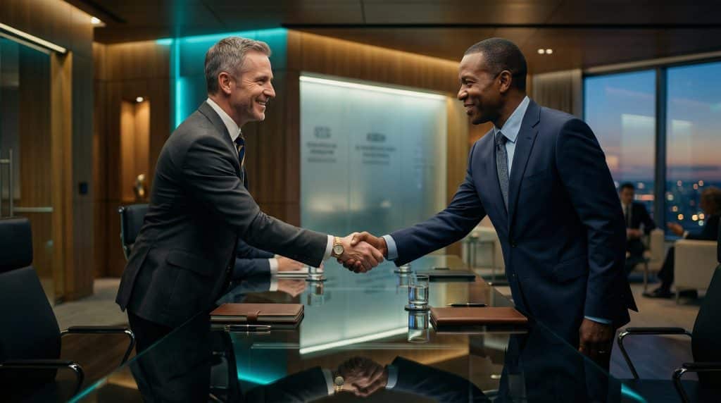 Two professional executives shaking hands across a modern boardroom table, finalizing a secure Microsoft GCC High and CMMC cybersecurity partnership with Brea Networks in Orange County, CA.