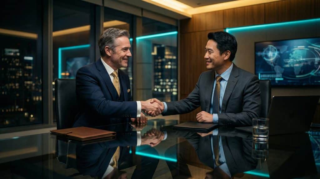 Two professional executives shaking hands across a modern boardroom table, finalizing a secure Microsoft GCC High and CMMC cybersecurity partnership with Brea Networks in Pasadena, CA.