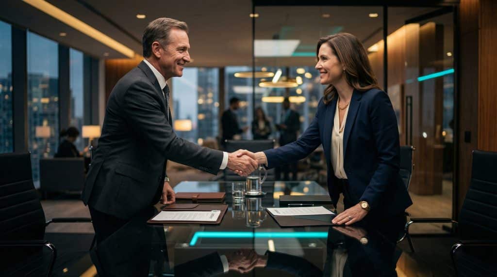 Two professional executives shaking hands across a modern boardroom table, finalizing a secure Microsoft GCC High and CMMC cybersecurity partnership with Brea Networks in Phoenix, AZ.