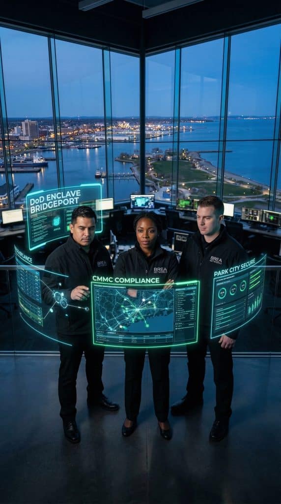 Expert Bridgeport, CT GCC High consultant team in a high-tech SOC bunker with holographic DoD network maps of Northern Virginia.