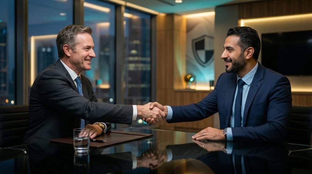 Two professional executives shaking hands across a modern boardroom table, finalizing a secure Microsoft GCC High and CMMC cybersecurity partnership with Brea Networks in Placentia, CA.