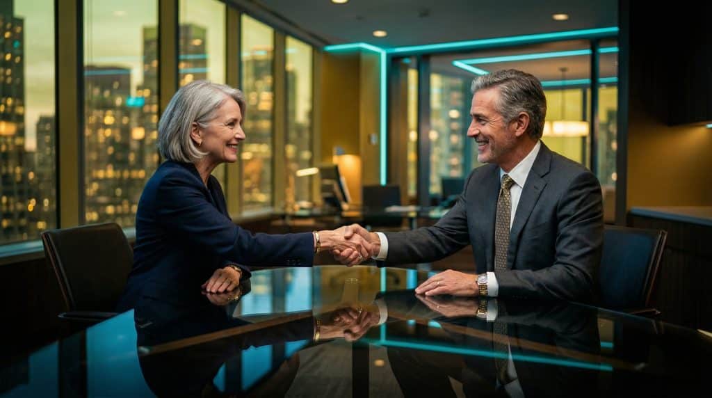Two professional executives shaking hands across a modern boardroom table, finalizing a secure Microsoft GCC High and CMMC cybersecurity partnership with Brea Networks in Pomona, CA.