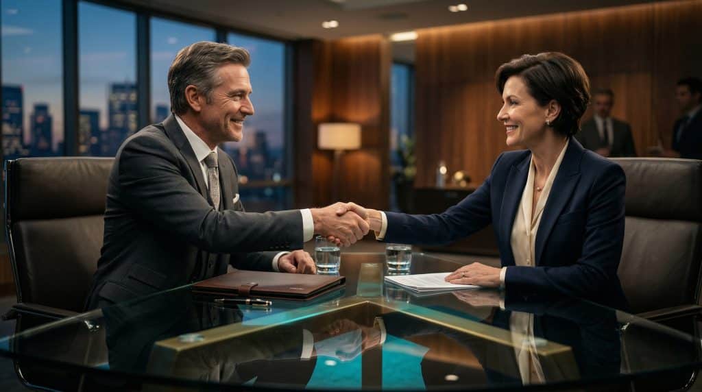 Two professional executives shaking hands across a modern boardroom table, finalizing a secure Microsoft GCC High and CMMC cybersecurity partnership with Brea Networks in Portland, OR.