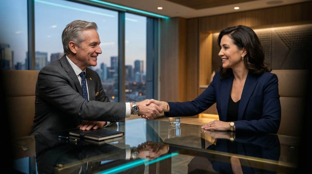 Two professional executives shaking hands across a modern boardroom table, finalizing a secure Microsoft GCC High and CMMC cybersecurity partnership with Brea Networks in Rancho Palos Verdes, CA.