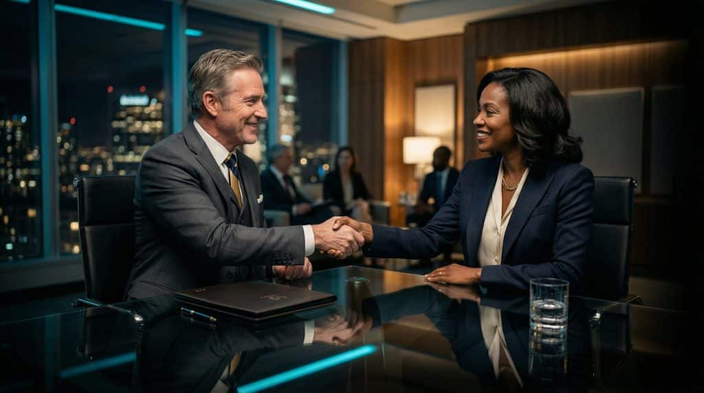 Two professional executives shaking hands across a modern boardroom table, finalizing a secure Microsoft GCC High and CMMC cybersecurity partnership with Brea Networks in Rapid City, SD.