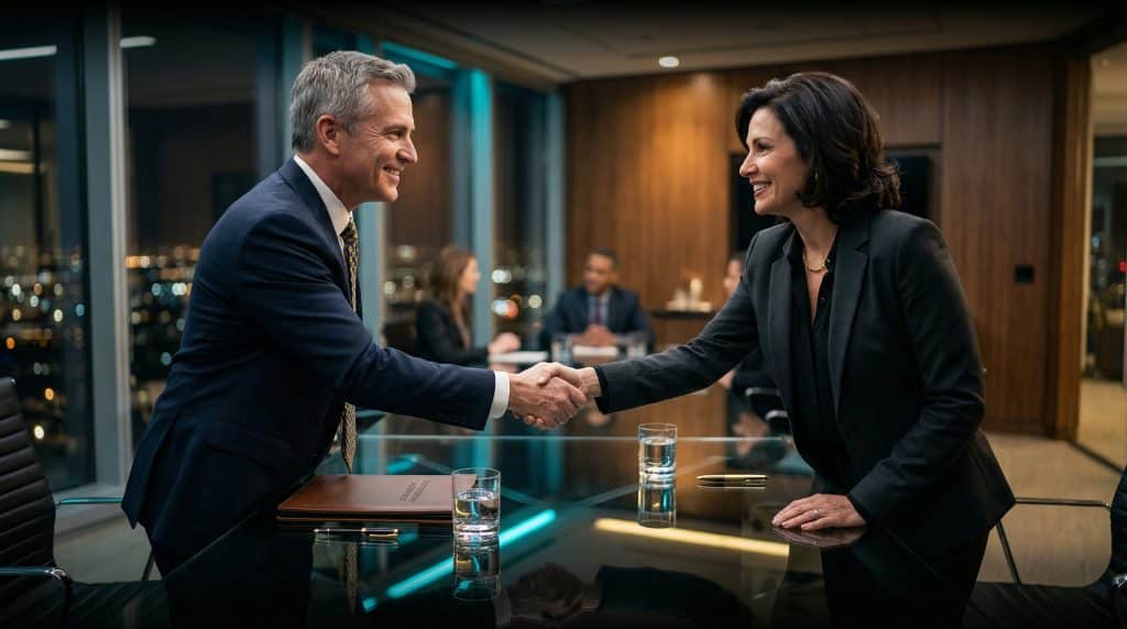 Two professional executives shaking hands across a modern boardroom table, finalizing a secure Microsoft GCC High and CMMC cybersecurity partnership with Brea Networks in Redondo Beach, CA.