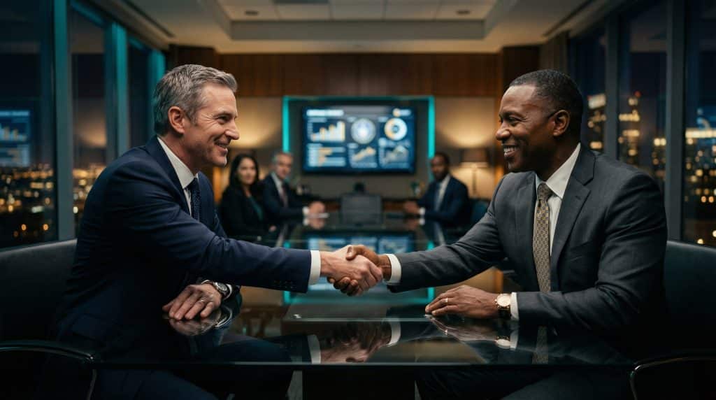 Two professional executives shaking hands across a modern boardroom table, finalizing a secure Microsoft GCC High and CMMC cybersecurity partnership with Brea Networks in Ruthville, ND.