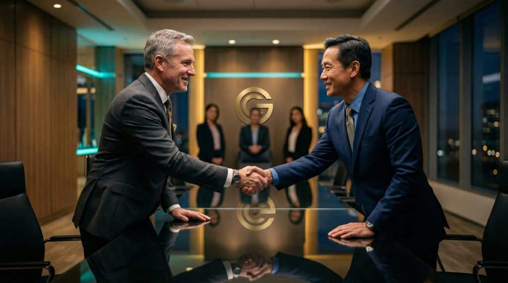 Two professional executives shaking hands across a modern boardroom table, finalizing a secure Microsoft GCC High and CMMC cybersecurity partnership with Brea Networks in Sacramento, CA.