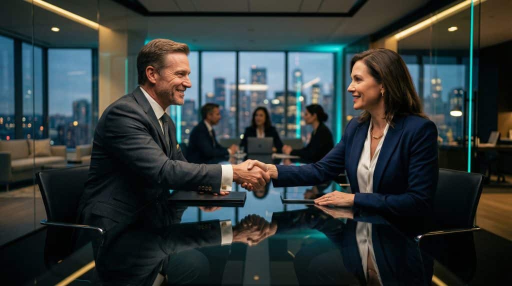 Two professional executives shaking hands across a modern boardroom table, finalizing a secure Microsoft GCC High and CMMC cybersecurity partnership with Brea Networks in Salt Lake City, UT.