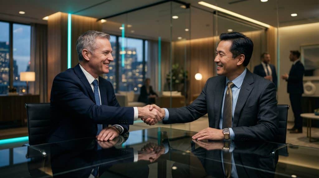 Two professional executives shaking hands across a modern boardroom table, finalizing a secure Microsoft GCC High and CMMC cybersecurity partnership with Brea Networks in San Antonio, TX.
