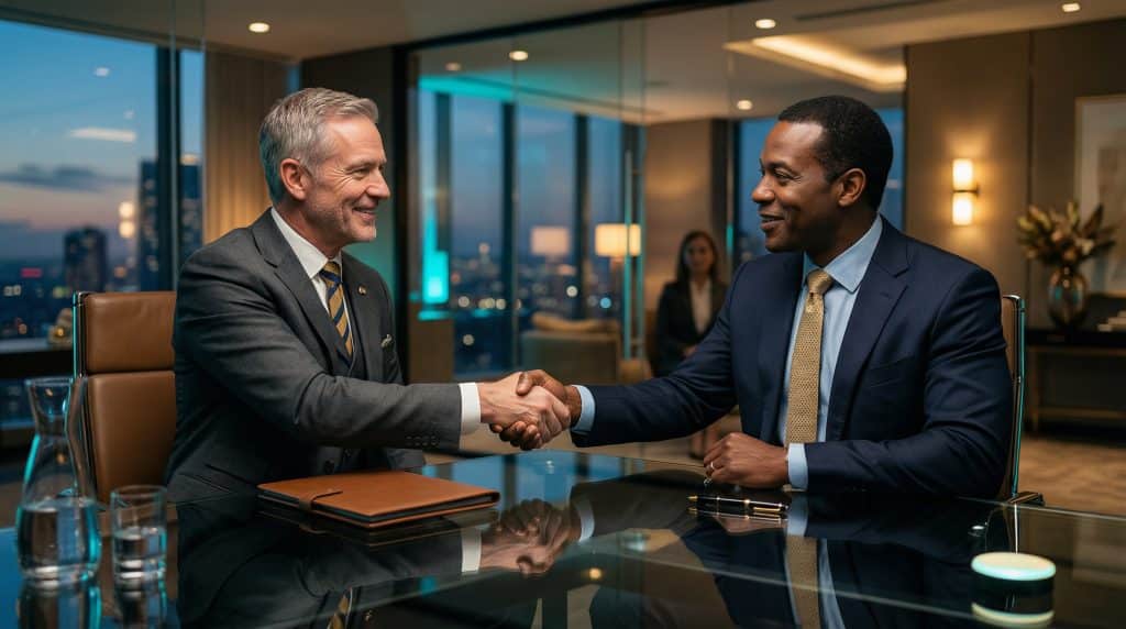 Two professional executives shaking hands across a modern boardroom table, finalizing a secure Microsoft GCC High and CMMC cybersecurity partnership with Brea Networks in San Juan Capistrano, CA.