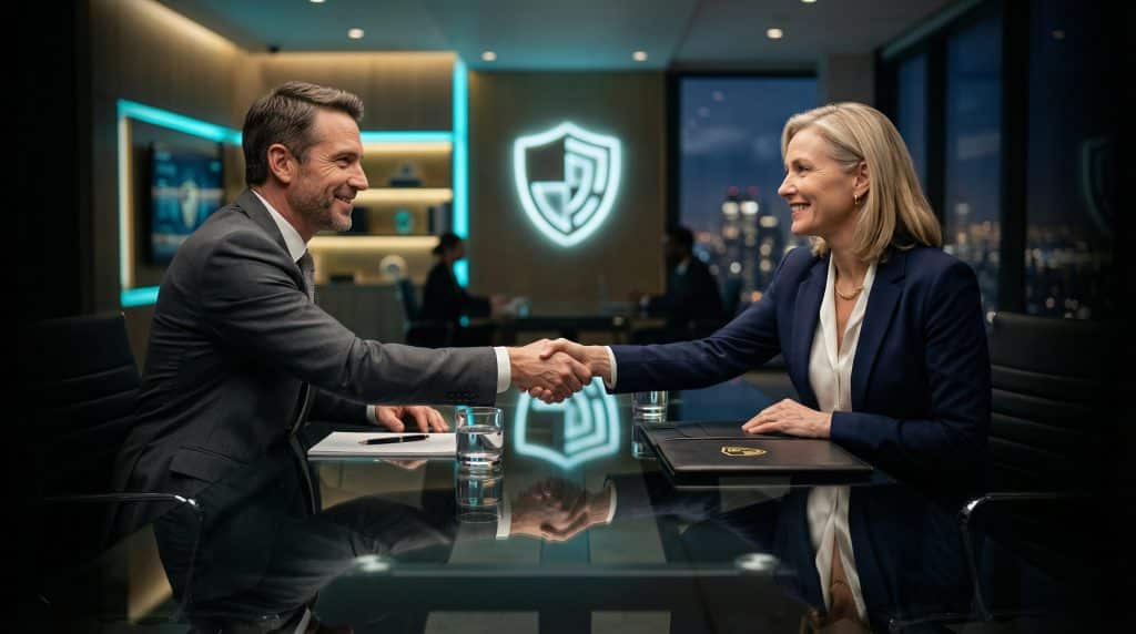 Two professional executives shaking hands across a modern boardroom table, finalizing a secure Microsoft GCC High and CMMC cybersecurity partnership with Brea Networks in San Diego, CA.