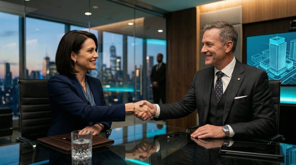 Two professional executives shaking hands across a modern boardroom table, finalizing a secure Microsoft GCC High and CMMC cybersecurity partnership with Brea Networks in Santa Ana, CA.
