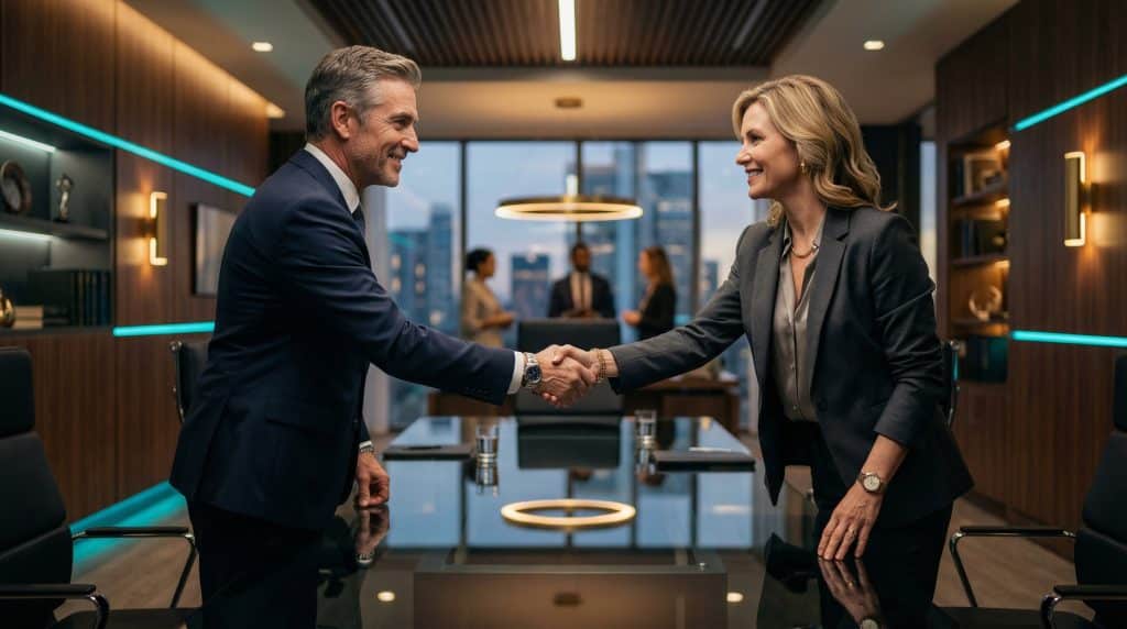 Two professional executives shaking hands across a modern boardroom table, finalizing a secure Microsoft GCC High and CMMC cybersecurity partnership with Brea Networks in San Dimas, CA.