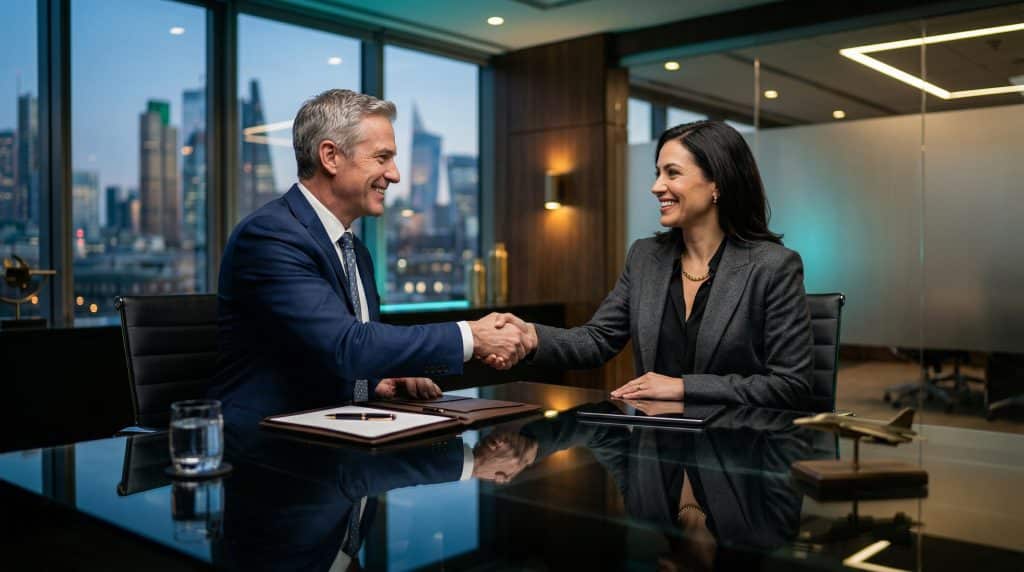 Two professional executives shaking hands across a modern boardroom table, finalizing a secure Microsoft GCC High and CMMC cybersecurity partnership with Brea Networks in Santa Monica, CA.