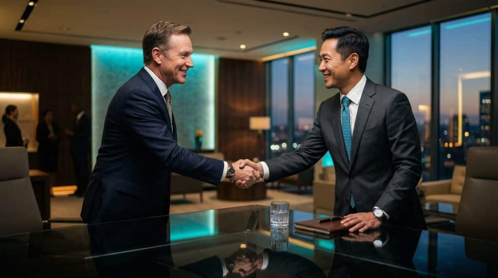 Two professional executives shaking hands across a modern boardroom table, finalizing a secure Microsoft GCC High and CMMC cybersecurity partnership with Brea Networks in San Francisco, CA.