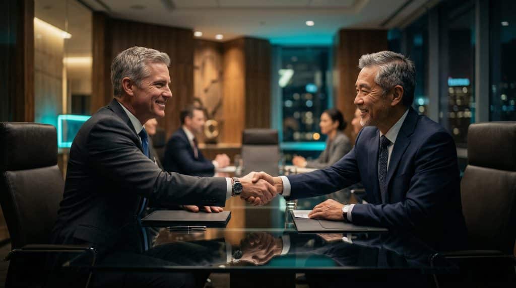 Two professional executives shaking hands across a modern boardroom table, finalizing a secure Microsoft GCC High and CMMC cybersecurity partnership with Brea Networks in San Jose, CA.