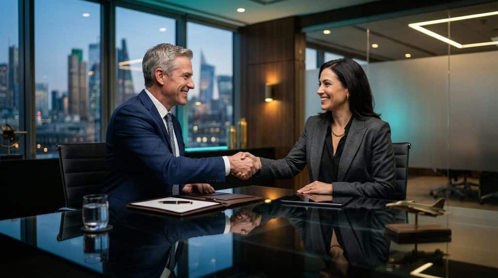 Two professional executives shaking hands across a modern boardroom table, finalizing a secure Microsoft GCC High and CMMC cybersecurity partnership with Brea Networks in Seal Beach, CA.