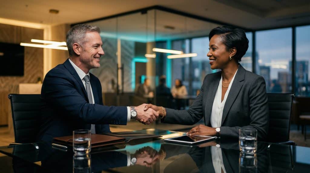 Two professional executives shaking hands across a modern boardroom table, finalizing a secure Microsoft GCC High and CMMC cybersecurity partnership with Brea Networks in Norwalk, CA.