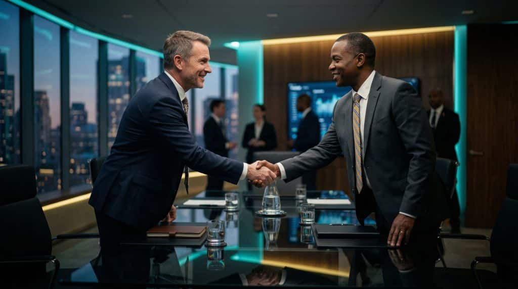 Two professional executives shaking hands across a modern boardroom table, finalizing a secure Microsoft GCC High and CMMC cybersecurity partnership with Brea Networks in Seattle, WA.