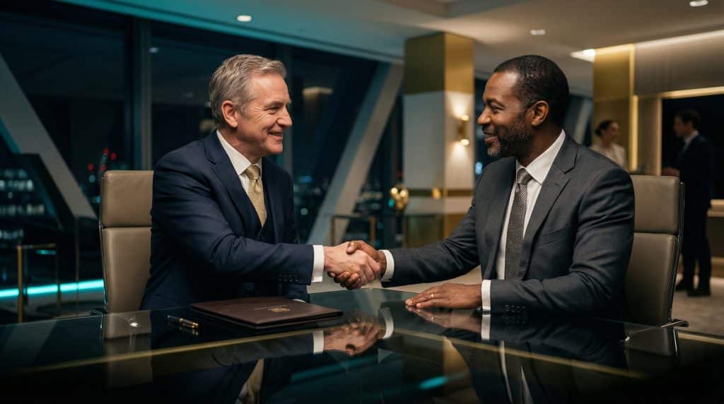 Two professional executives shaking hands across a modern boardroom table, finalizing a secure Microsoft GCC High and CMMC cybersecurity partnership with Brea Networks in Sioux Falls, SD.