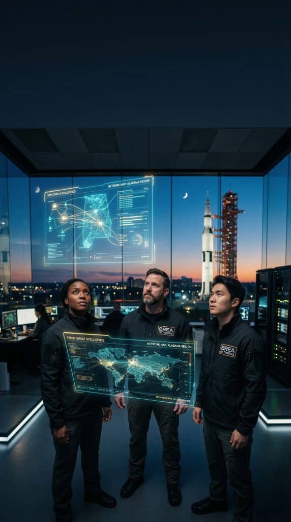 Expert Huntsville, AL GCC High consultant team in a high-tech SOC bunker with holographic DoD network maps of Northern Virginia.