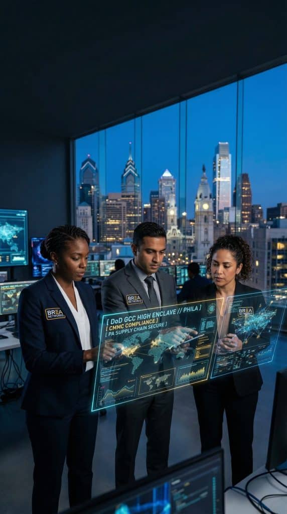 Expert Philadelphia, PA GCC High consultant team in a high-tech SOC bunker with holographic DoD network maps of Northern Virginia.