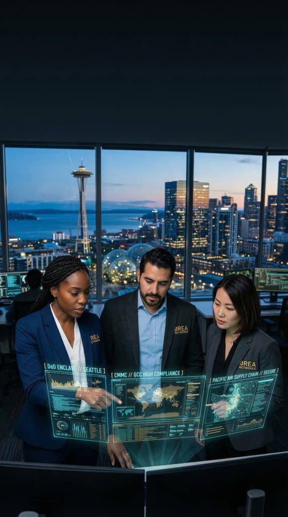 Expert Seattle, WA GCC High consultant team in a high-tech SOC bunker with holographic DoD network maps of Northern Virginia.