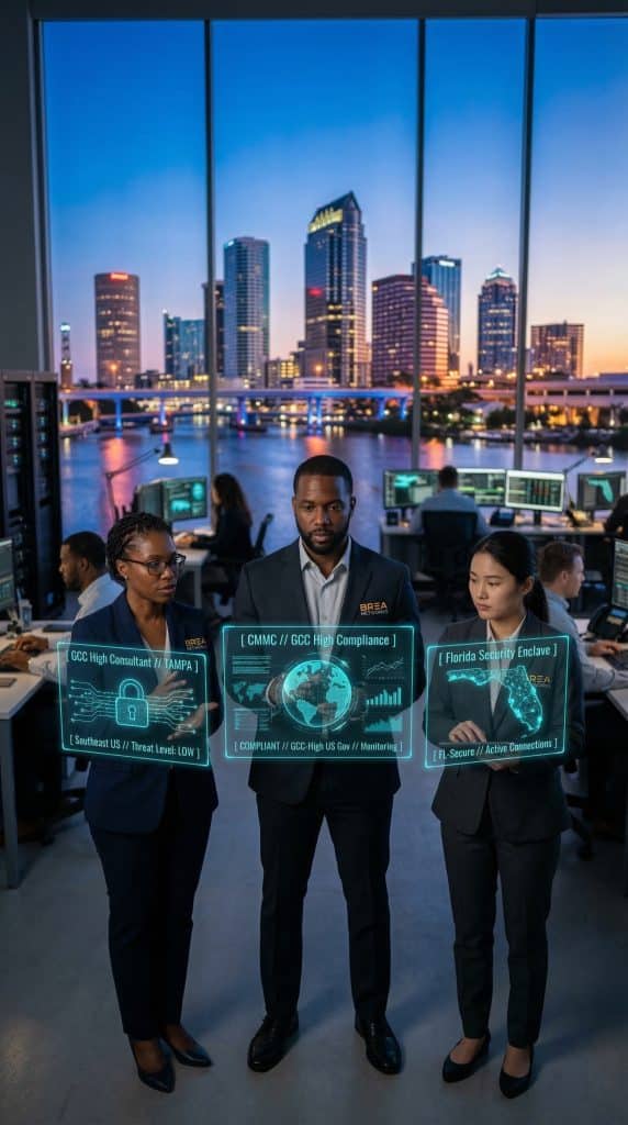 Expert Tampa, FL GCC High consultant team in a high-tech SOC bunker with holographic DoD network maps of Northern Virginia.