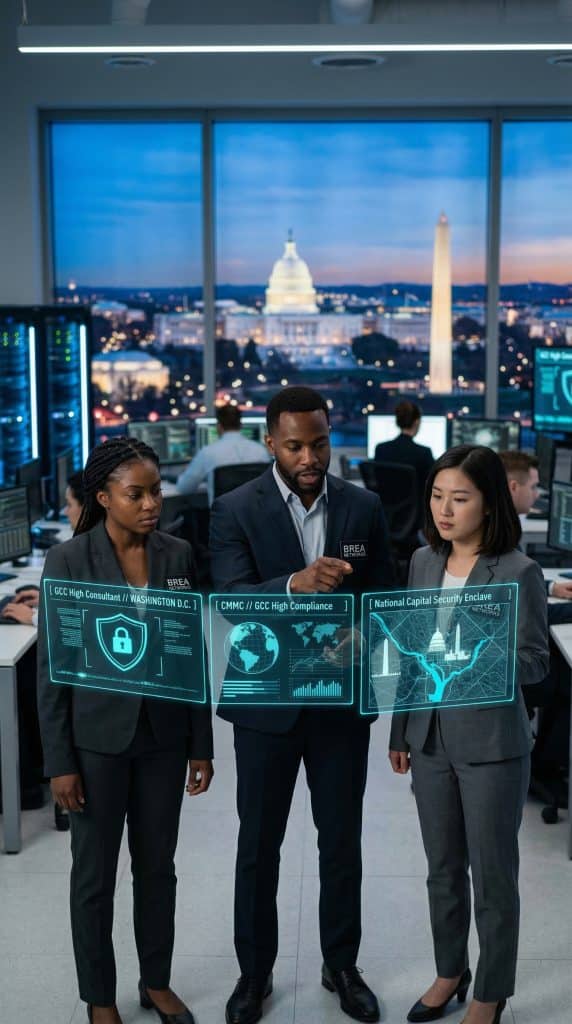 Expert Washington, DC GCC High consultant team in a high-tech SOC bunker with holographic DoD network maps of Northern Virginia.