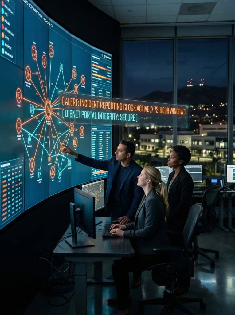 Cybersecurity operations team walking through high-tech command center near Pomona, CA with digital threat intelligence dashboards in the background