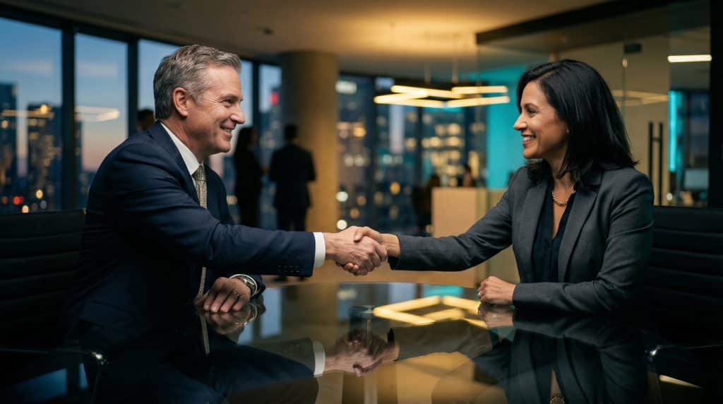 Two professional executives shaking hands across a modern boardroom table, finalizing a secure Microsoft GCC High and CMMC cybersecurity partnership with Brea Networks in Burbank, CA.