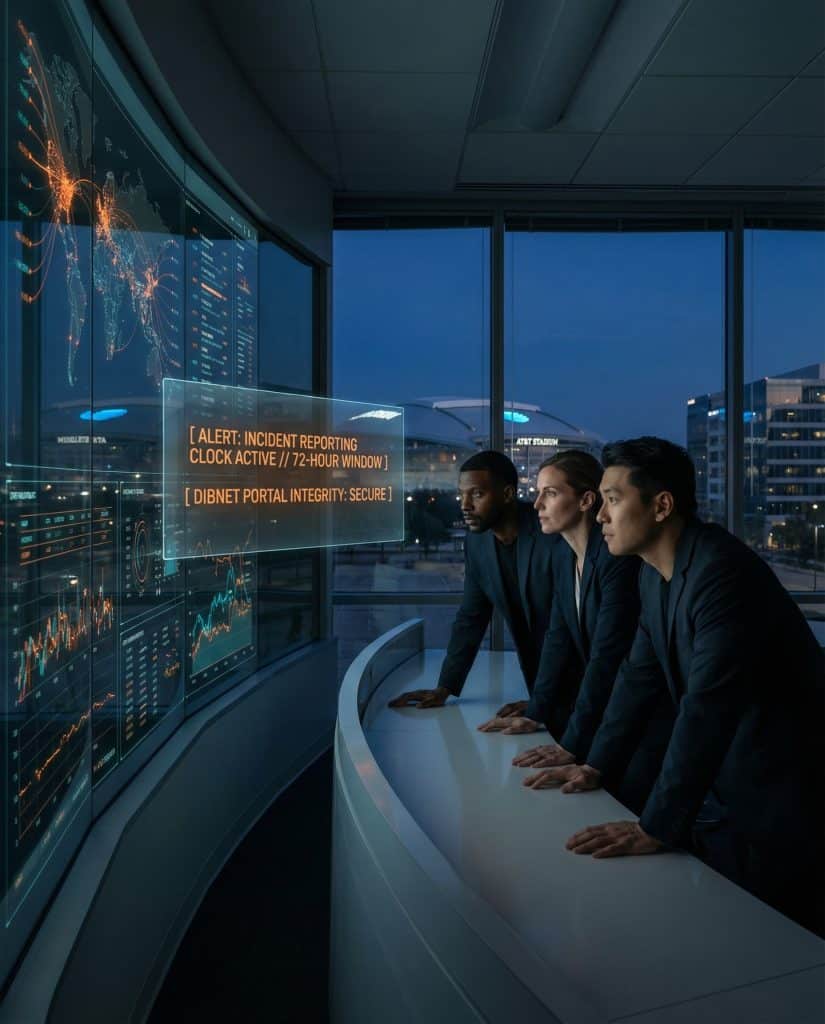 Cybersecurity operations team walking through high-tech command center near Arlington, TX, with digital threat intelligence dashboards in the background