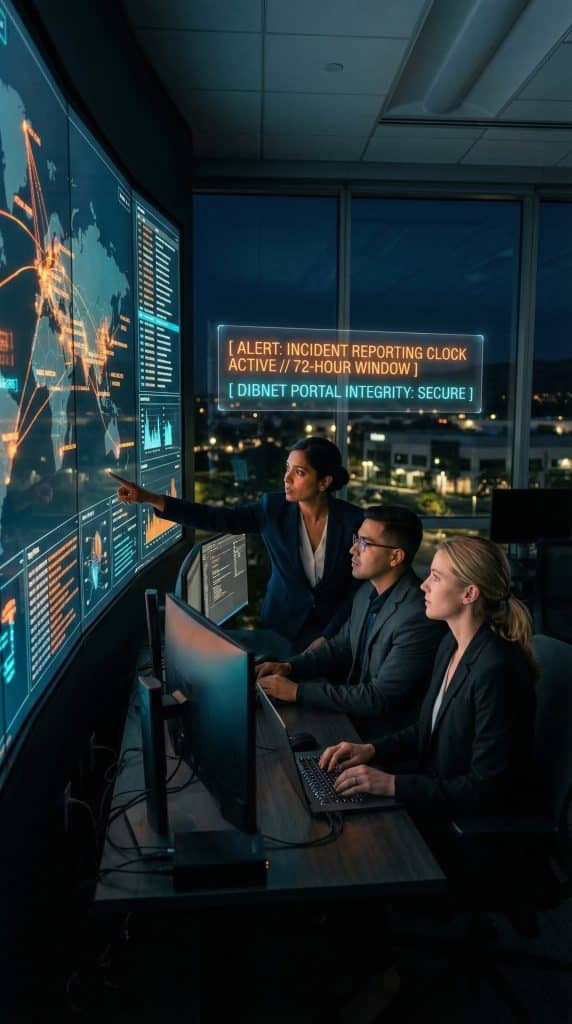 Cybersecurity operations team walking through high-tech command center near La Habra, CA with digital threat intelligence dashboards in the background