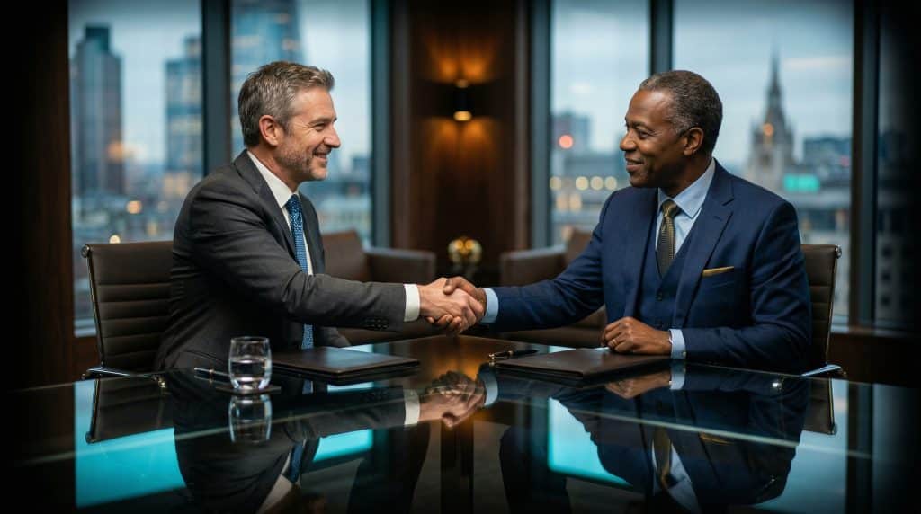 Two professional executives shaking hands across a modern boardroom table, finalizing a secure Microsoft GCC High and CMMC cybersecurity partnership with Brea Networks in Fort Worth, TX.