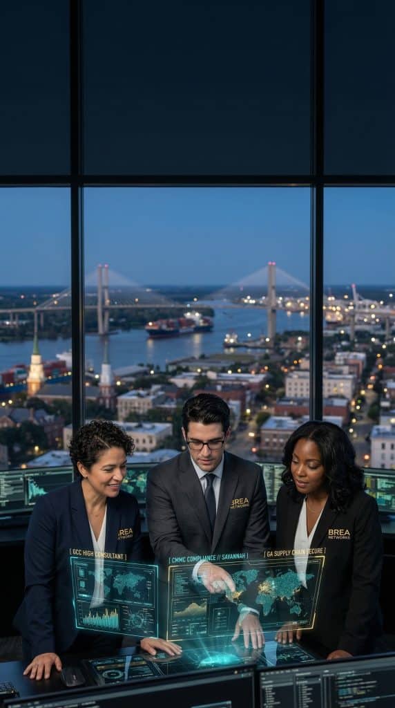 Expert Savannah, GA GCC High consultant team in a high-tech SOC bunker with holographic DoD network maps of Northern Virginia.